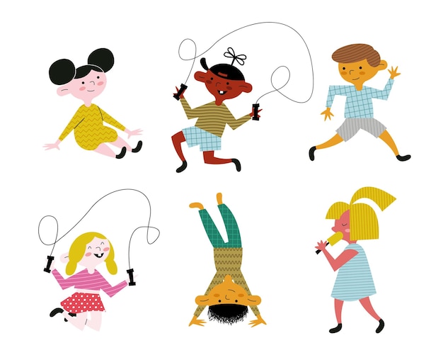 Happy little six kids practicing activities characters  illustration