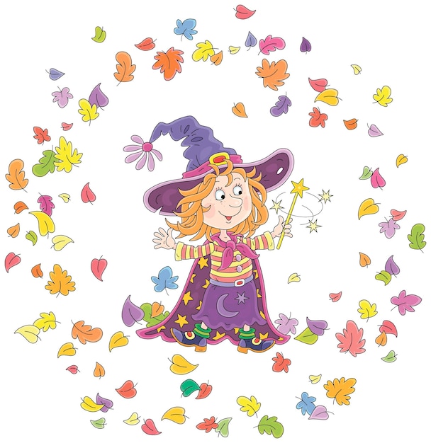 Happy little witch showing tricks with her magic wand and swirling colorful leaves