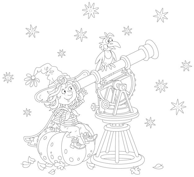 Happy little witch sitting on a large pumpkin and watching starry sky through an old telescope