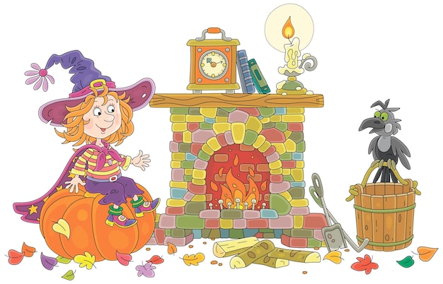 Happy little witch sitting on a pumpkin by a burning fireplace and talking to a funny crow