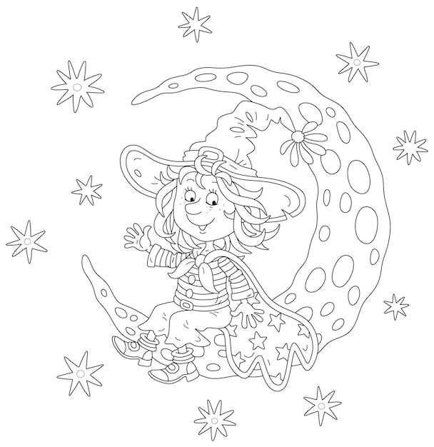 Happy little witch waving in greeting on a shining crescent moon on a mysterious starry night