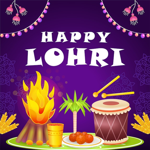 Happy Lohri 3d иллюстрация еды и напитков из сахарного тростника в барабане костра