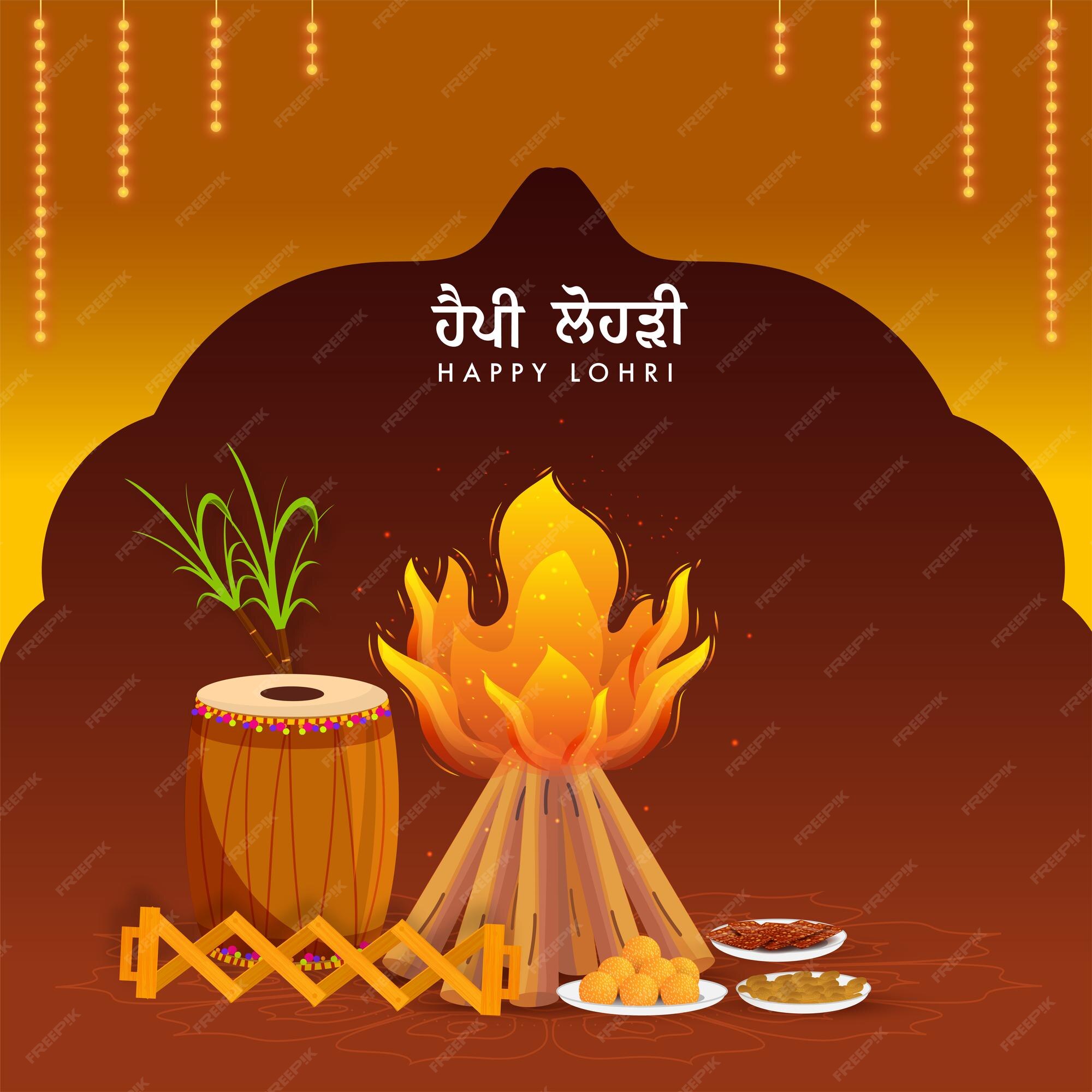 Premium Vector | Happy lohri celebration background with bonfire, music  instruments, sweet plates and sugarcane illustration.