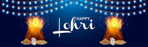 Happy lohri celebration banner with crative bonefire