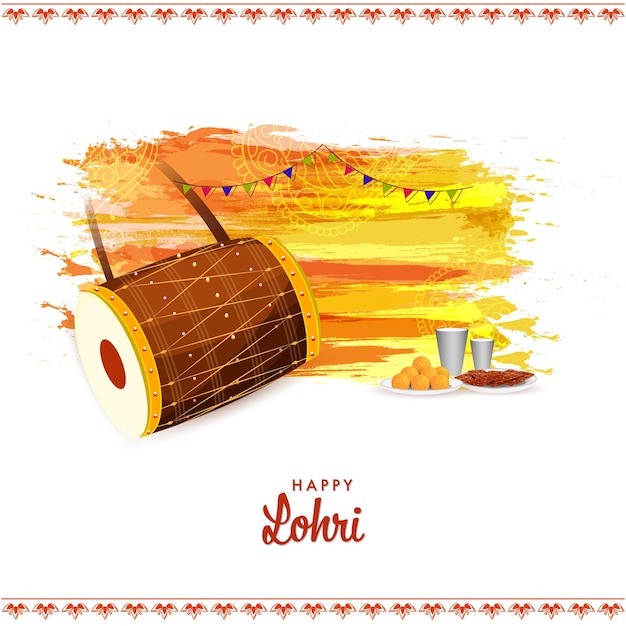 Happy lohri celebration concept met dhol (drum) instrument, lassi bril, indian sweet (laddu), chikki plate en geel borstel effect op witte achtergrond.