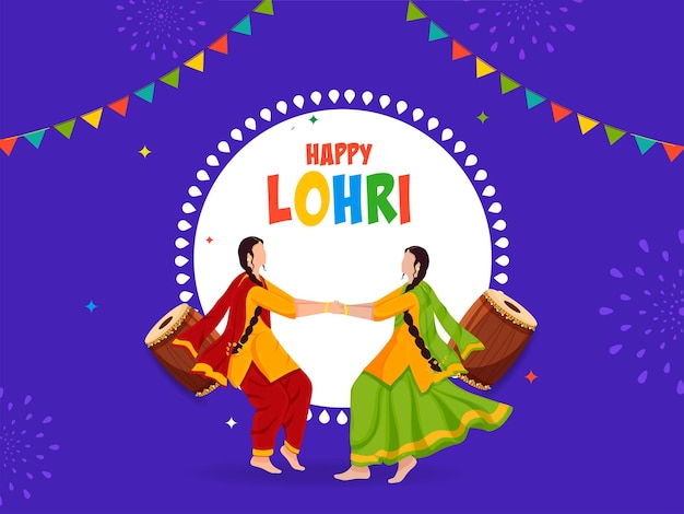 Concetto di celebrazione felice lohri con strumenti dhol (tamburo), donne punjabi senza volto che fanno danza giddha su sfondo viola e bianco.