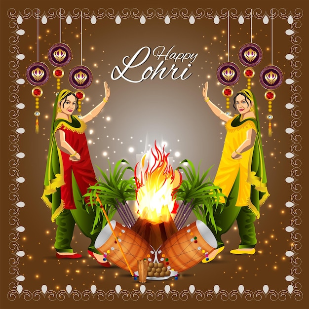 Happy lohri celebration greeting card with vector illustration