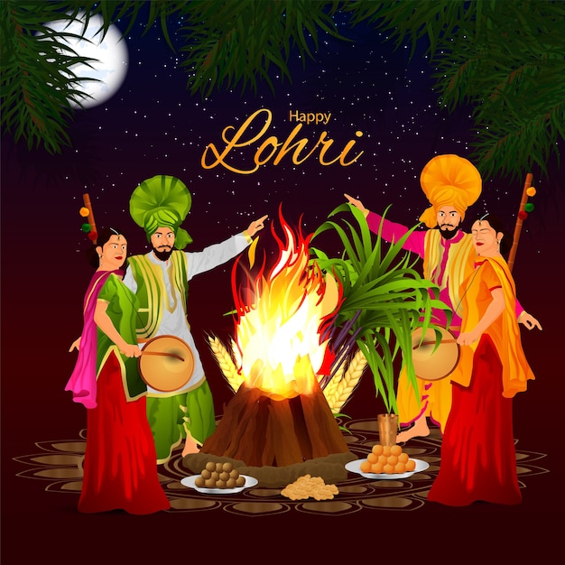 Saluto felice di celebrazione di lohri, festival indiano del punjabi e illustrazione creativa