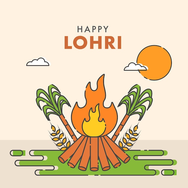 Happy Lohri Celebration wenskaart met vreugdevuur suikerriet tarwe oor en zon op pastel perzik achtergrond