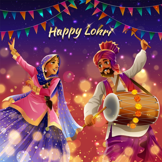 Happy Lohri Concept with Bonfire and People Dancing