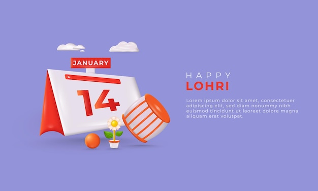 Happy Lohri event reminder calendar 3d vector design with a drum, and a sunflower