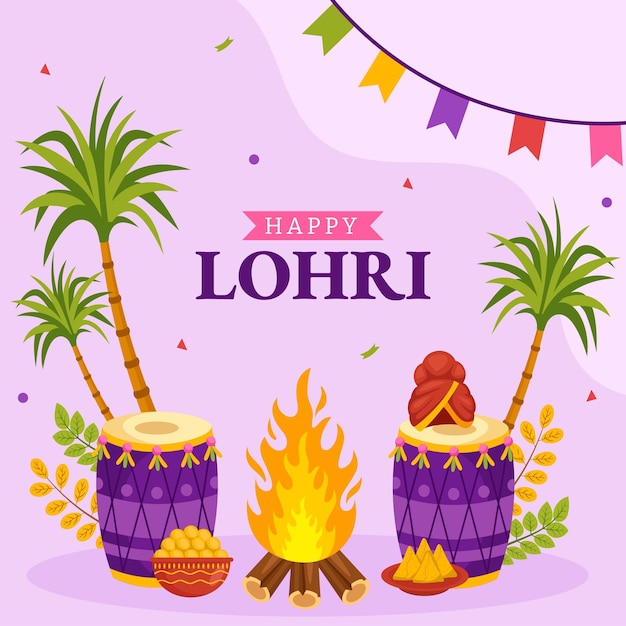 Happy Lohri 축제 소셜 미디어 배경 그림 만화 손으로 그린 배경 템플릿