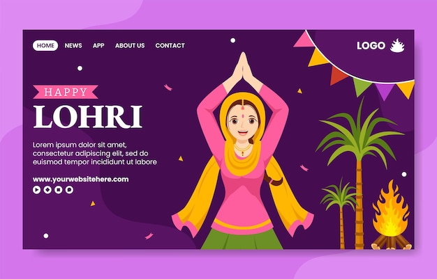 Happy Lohri Festival Целевая страница в социальных сетях Мультяшные рисованные шаблоны Фоновая иллюстрация