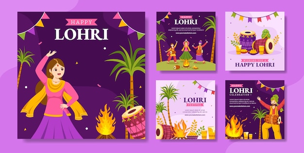 Happy lohri festival social media post flat cartoon hand drawn templates background illustration