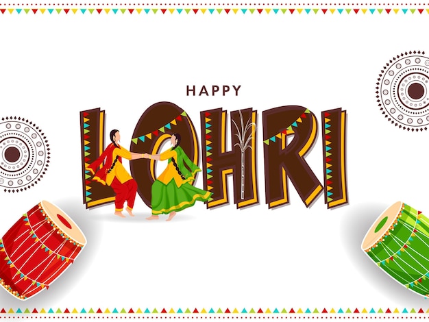 Happy lohri poster design con giovani donne punjabi che fanno danza giddha, strumenti dhol e motivo lineare mandala su sfondo bianco.