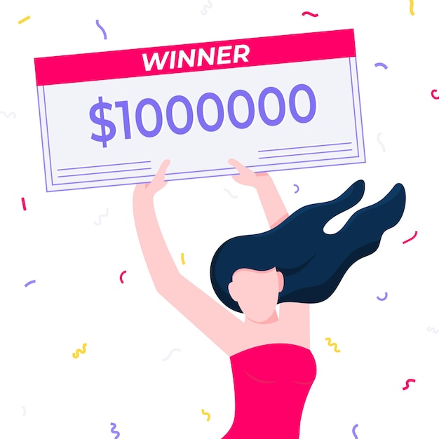 Vector happy lottery winner with prize paycheck fortune lottery or casino gambling lucky games concept
