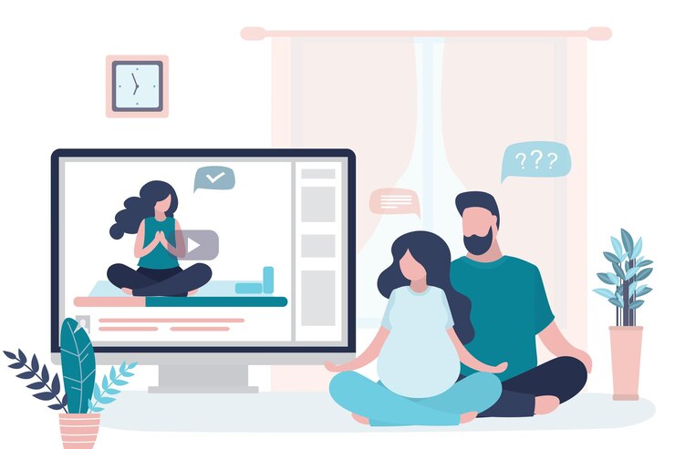 Vector happy love couple sitting in lotus yoga pose beauty pregnant woman and handsome man doing asana
