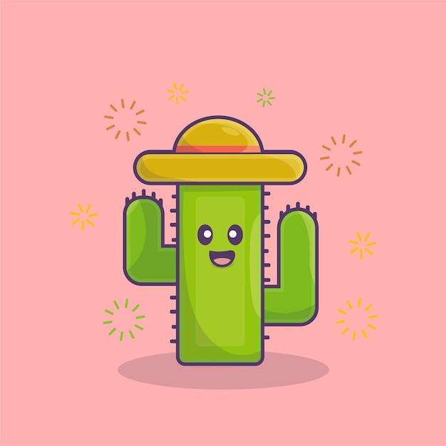 Vector happy lovely cactus plant with hat cartoon vector illustration