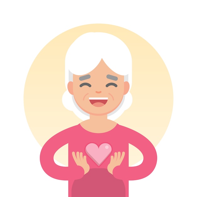 Happy lovely senior woman holding heart sign, healthcare concept, character vector illustration.