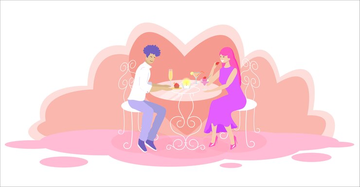 Vector 행복 한 사랑의 커플 데이트 레스토랑에서. 사랑
