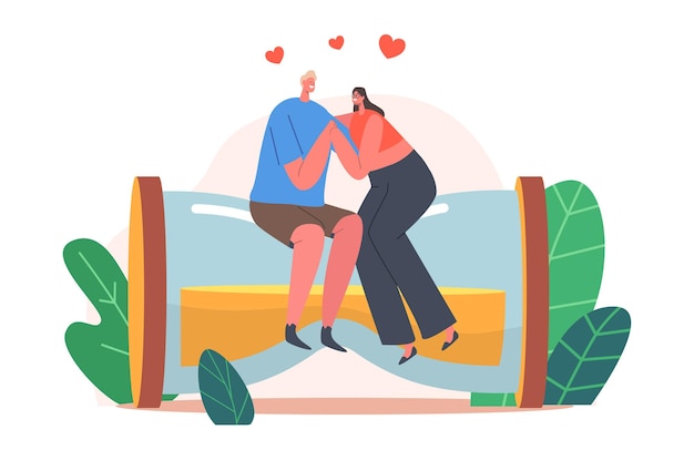 手をつないで、巨大な砂時計に座って抱き締める男女の幸せな愛情のあるカップル。うれしそうな恋人の関係、デート