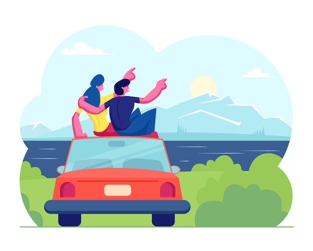 Vector happy loving couple travel together. man and woman sitting on roof of car hugging and looking on sunset or sunrise at seascape landscape view. cartoon flat illustration