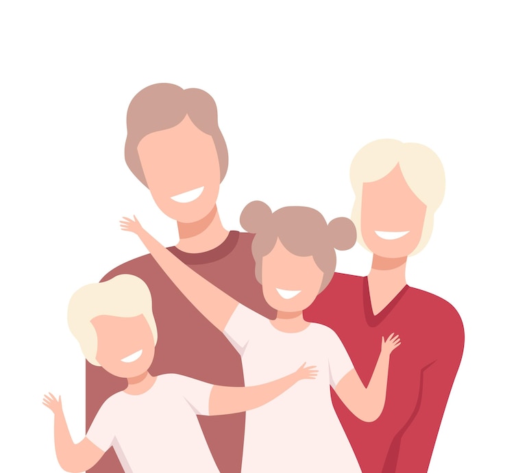 Vector 행복하고 사랑스러운 가족, 웃는 부모와 그들의 아이들이 서로 가까이 서서 포즈를 취하는 터