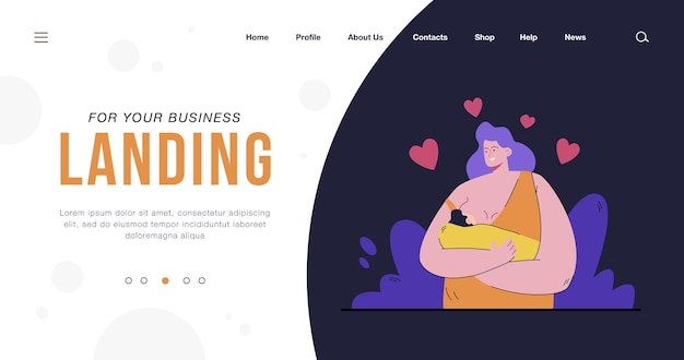 Happy loving mother breastfeeding her baby flat landing page