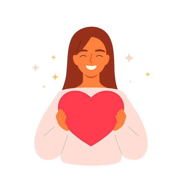 Vector happy loving woman holding a heart in her hands