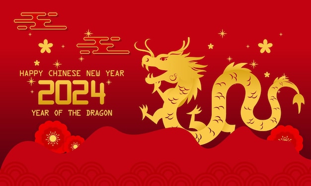 Vector happy lunar new year chinese new year 2024 year of the dragon zodiac with chinese dragon gold