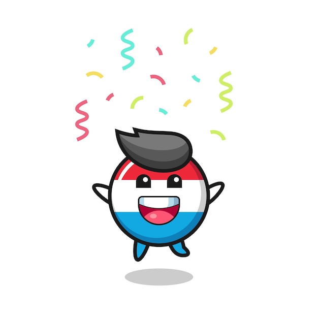 Happy luxembourg flag badge mascot jumping for congratulation with colour confetti