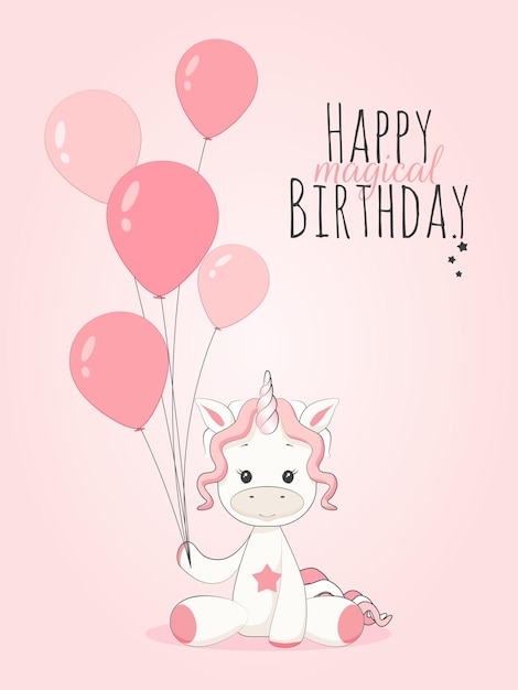 Buon compleanno magico unicorno carino con palloncini rosa