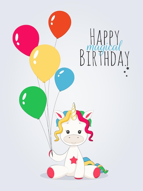 Happy magical Birthday Cute Unicorn with rainbow balloons