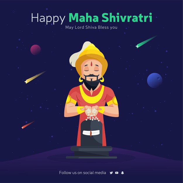 Happy maha shivratri banner design template with man worshiping lord shiva