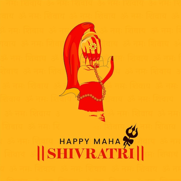 Vector happy maha shivratri font with lord shiva and goddess parvati hands together against orange background