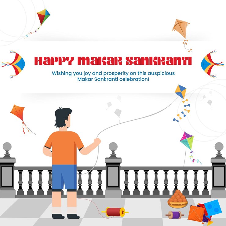 वेक्टर happy makar sankranti celebration with kites and manja