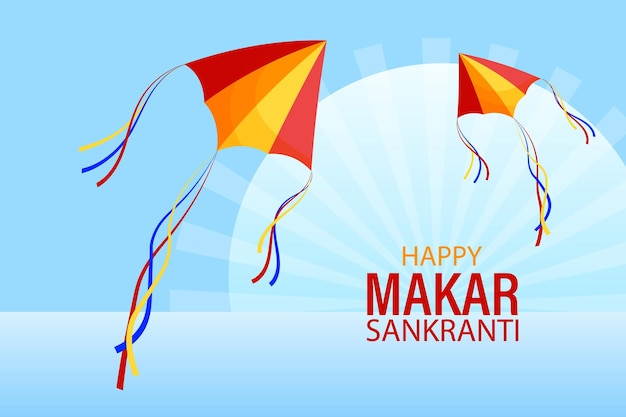 Happy Makar Sankranti, colorful kites in the sky with sun. Hindu holiday card, vector