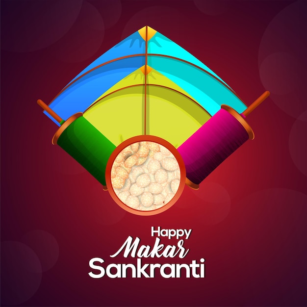 Happy makar sankranti aquiloni colorati con bobina di corda