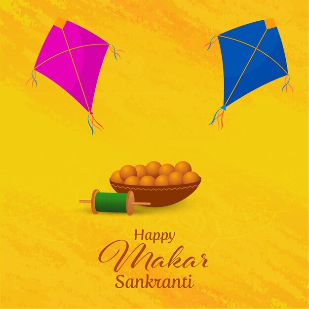 Vector happy makar sankranti concept met bowl full of indian sweets balls laddu string spool and kites on yellow grunge background