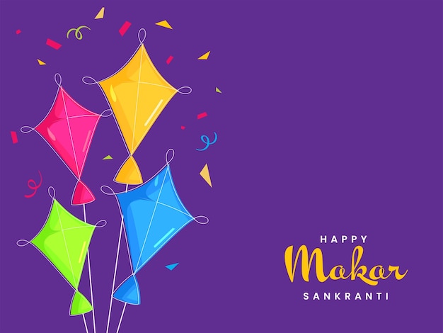 Happy Makar Sankranti Concept With Colorful Kites And Confetti On Purple Background.