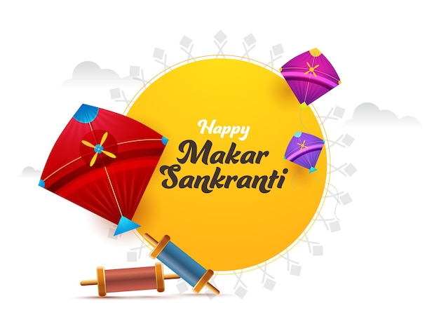 Vector happy makar sankranti font with colorful kites