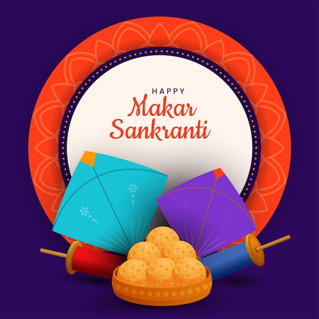 Happy makar sankranti on mandala frame with kites makar sankranti festival background