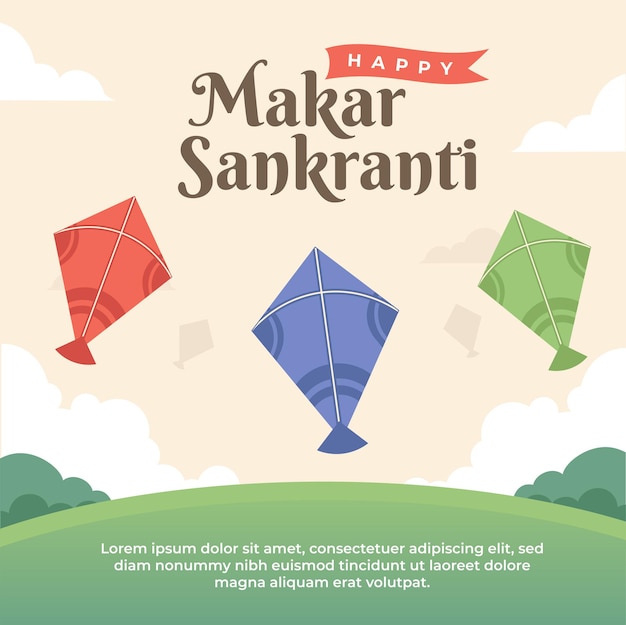 Felice makar sankranti con decorazione di aquiloni e sfondo della natura