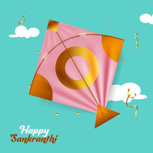 Happy makara sankranti banner with festive golden kite flying