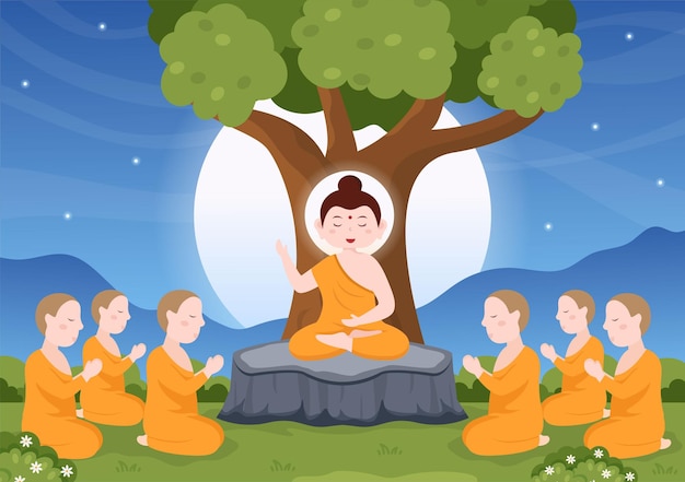 Happy Makha Bucha Day Handgetekende illustratie Boeddha zittend in lotusbloem onder Bodhi Tree