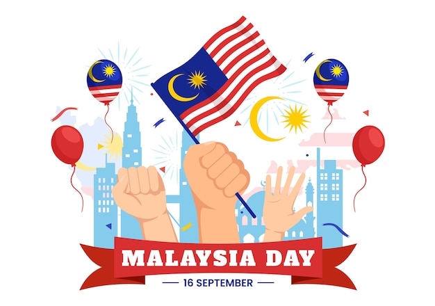 9 月 16 日の幸せなマレーシアの日のお祝いベクトル図と手を振る旗とツインタワー
