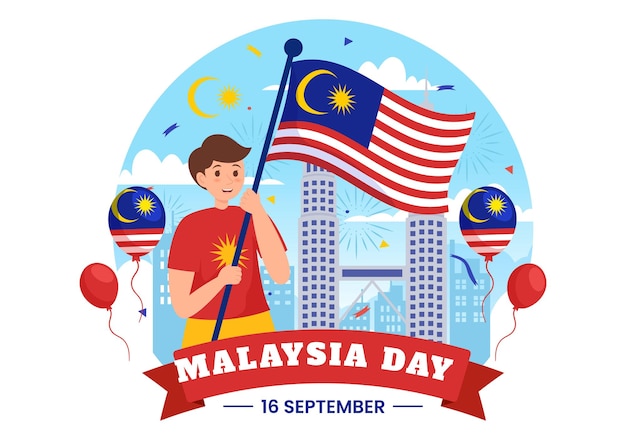 Векторная иллюстрация празднования Дня Малайзии 16 сентября с развевающимся флагом и башнями-близнецами