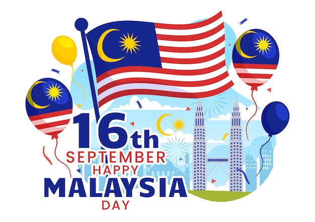 Happy Malaysia Day Celebration Vector Illustration on 16 September with Waving Flag and Twin Towers