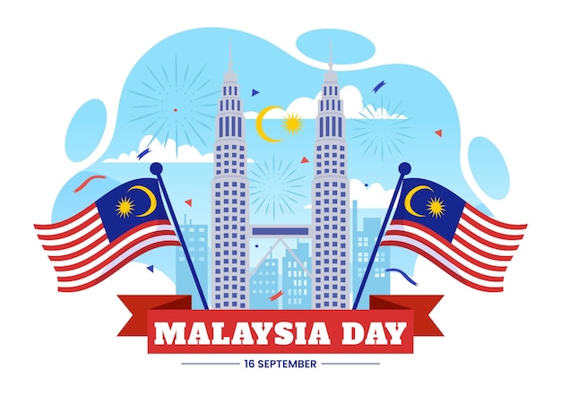 Happy Malaysia Day Celebration Vector Illustration on 16 September with Waving Flag and Twin Towers