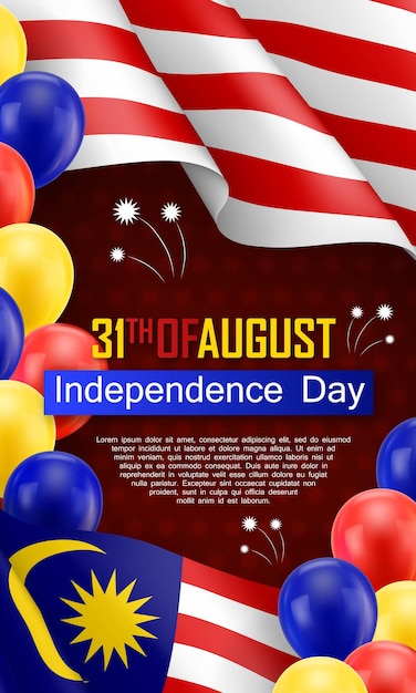 Happy Malaysian Independence day festive poster Political holiday celebrated 31th of August Patriotic vector concept with realistic waving malaysian flag and national colors helium balloons